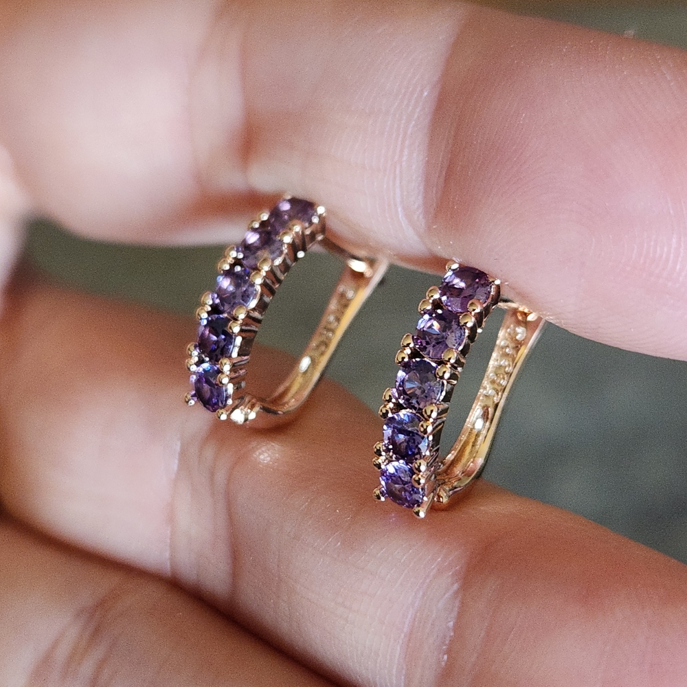 New 14K Gold Plated Round Cut Amethyst Hoop Earrings for Women